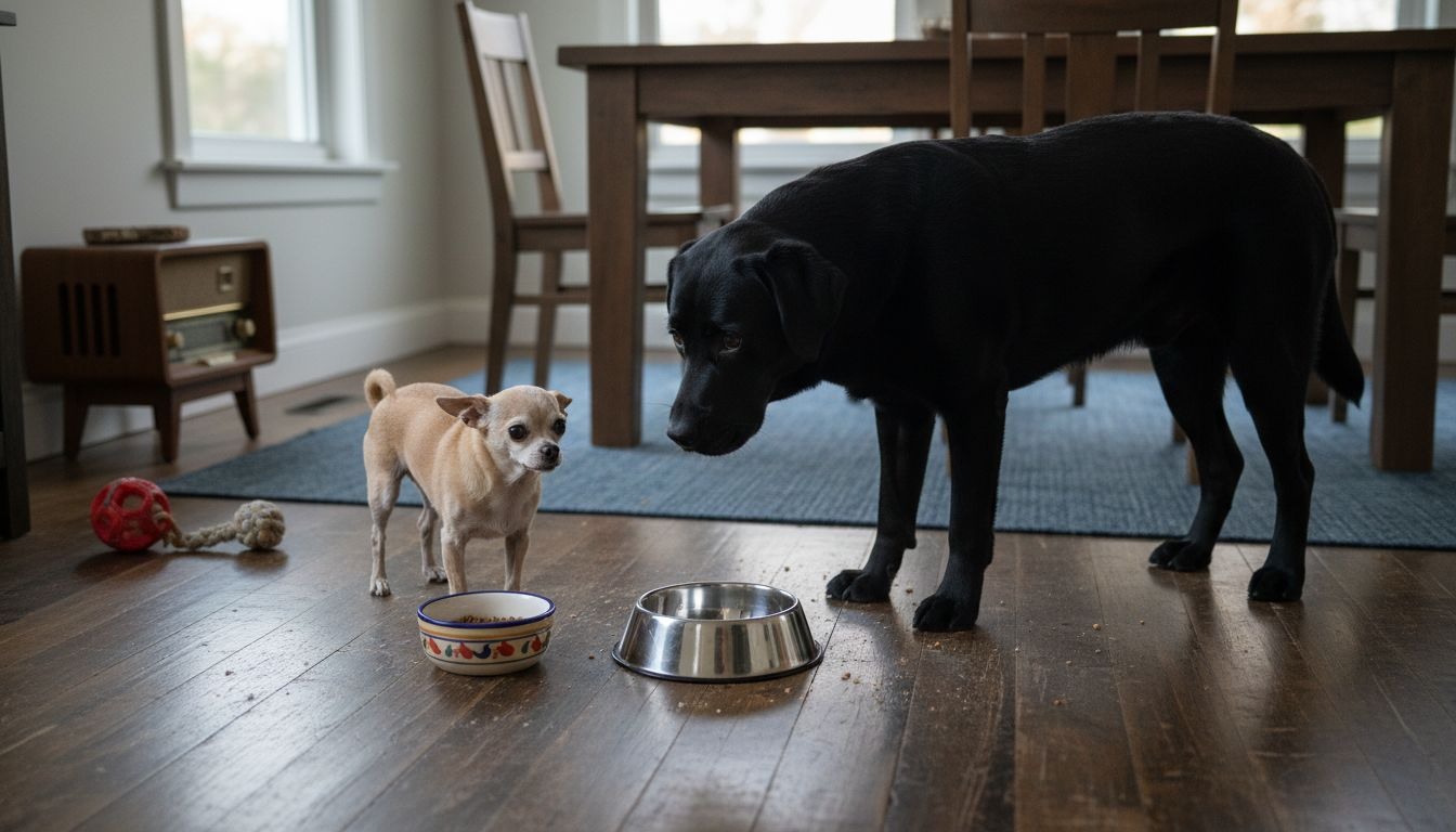 To hunder sitter ved hver sin matskål.