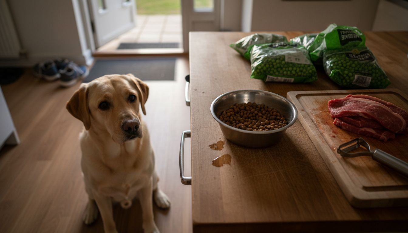En labrador sidder ved spisebordet med en skål rå hundemad foran sig.