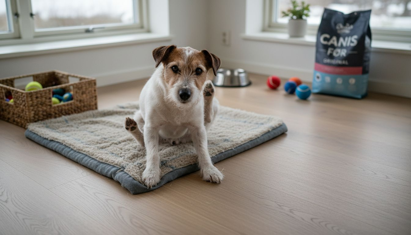 En liten hund ligger på teppet i stua og klør seg.