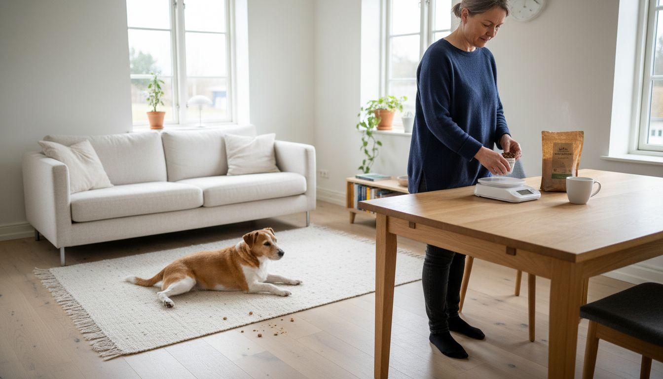 En tålmodig terrier følger spent med mens eieren måler opp allergivennlig fór.