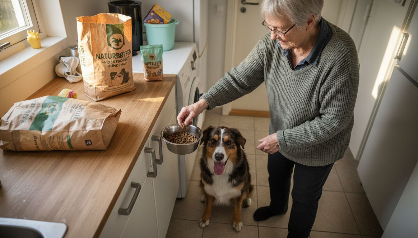 Hunden ligger tålmodigt og venter derhjemme, mens foderet bliver skiftet ud.