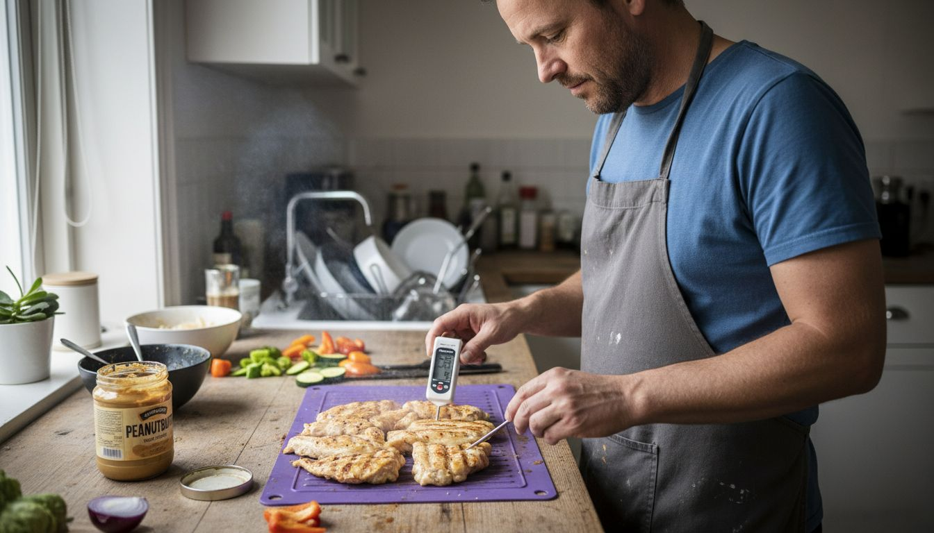 En mand står i køkkenet og laver hjemmelavede godbidder til sin hund.