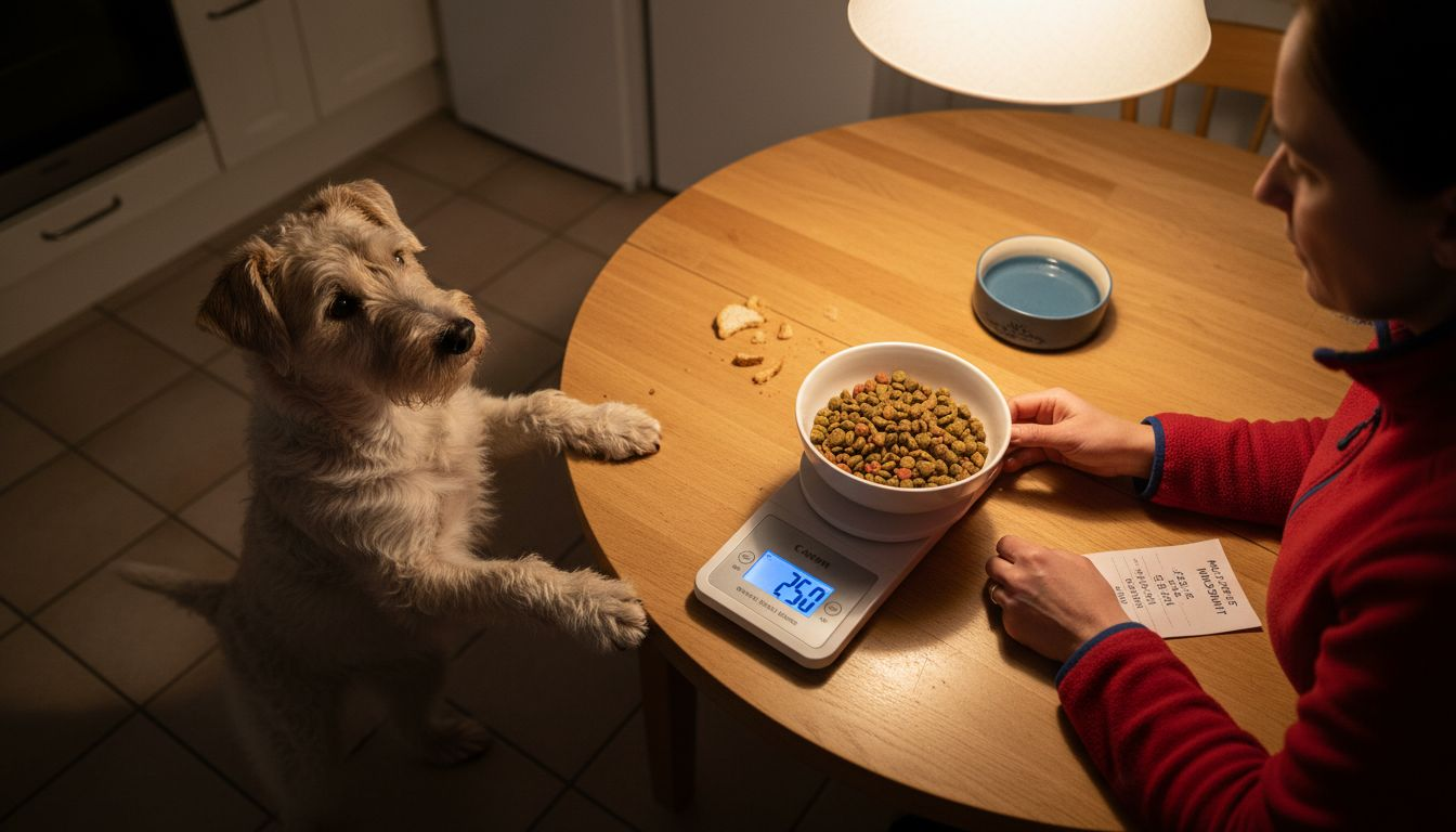 Vi bruker digital vekt for å måle opp riktig porsjon hundemat.