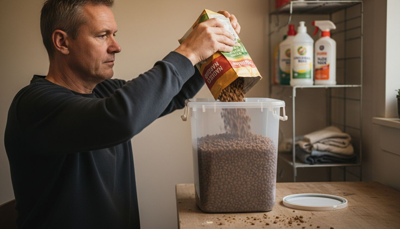 En mand fylder tørfoder op i en beholder til hundemad.