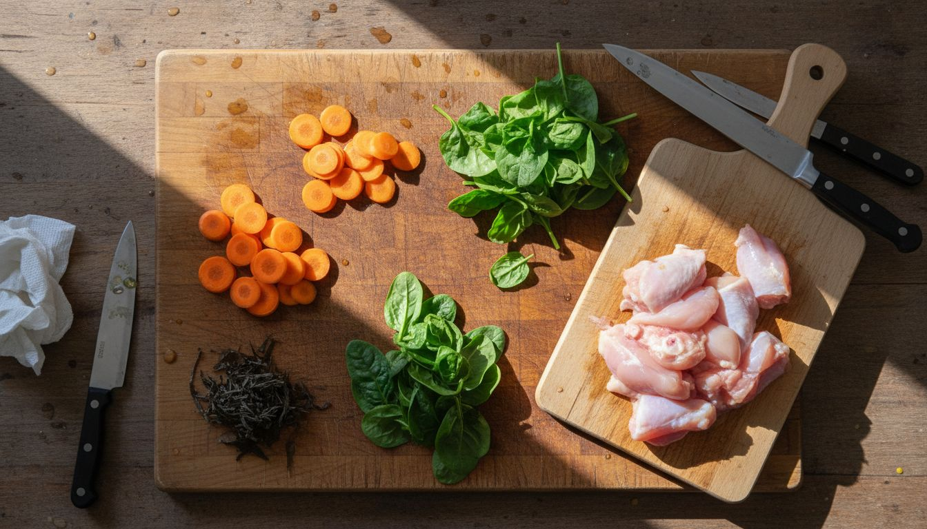 Forskellige rå ingredienser til hundemad ligger spredt ud over køkkenbordet.