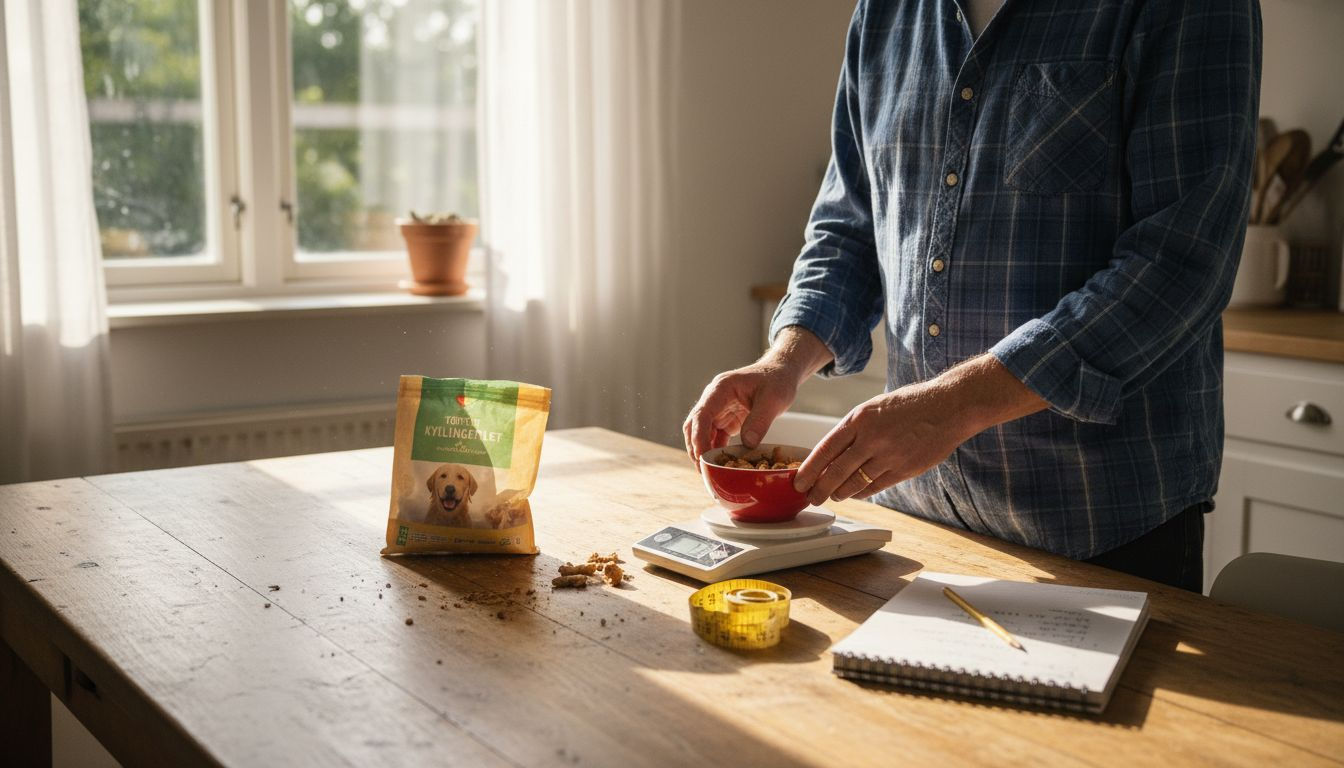 En mand står i køkkenet og vejer små godbidder til hunden på sin køkkenvægt.
