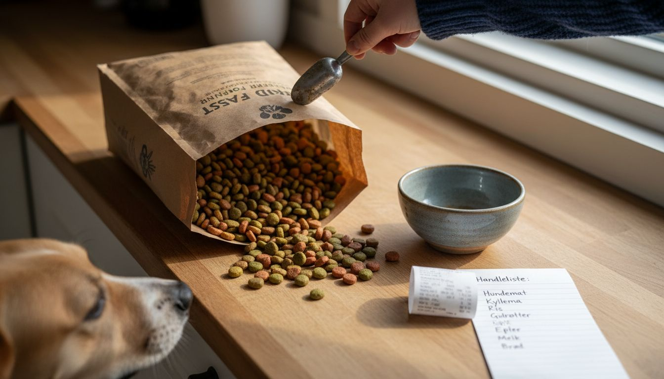 En åpnet hundematpose med tørrfôr som har havnet utover gulvet