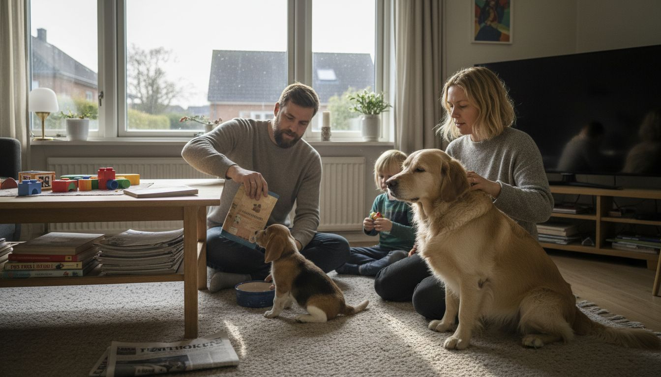 En familie giver både deres hvalp og ældre hund mad