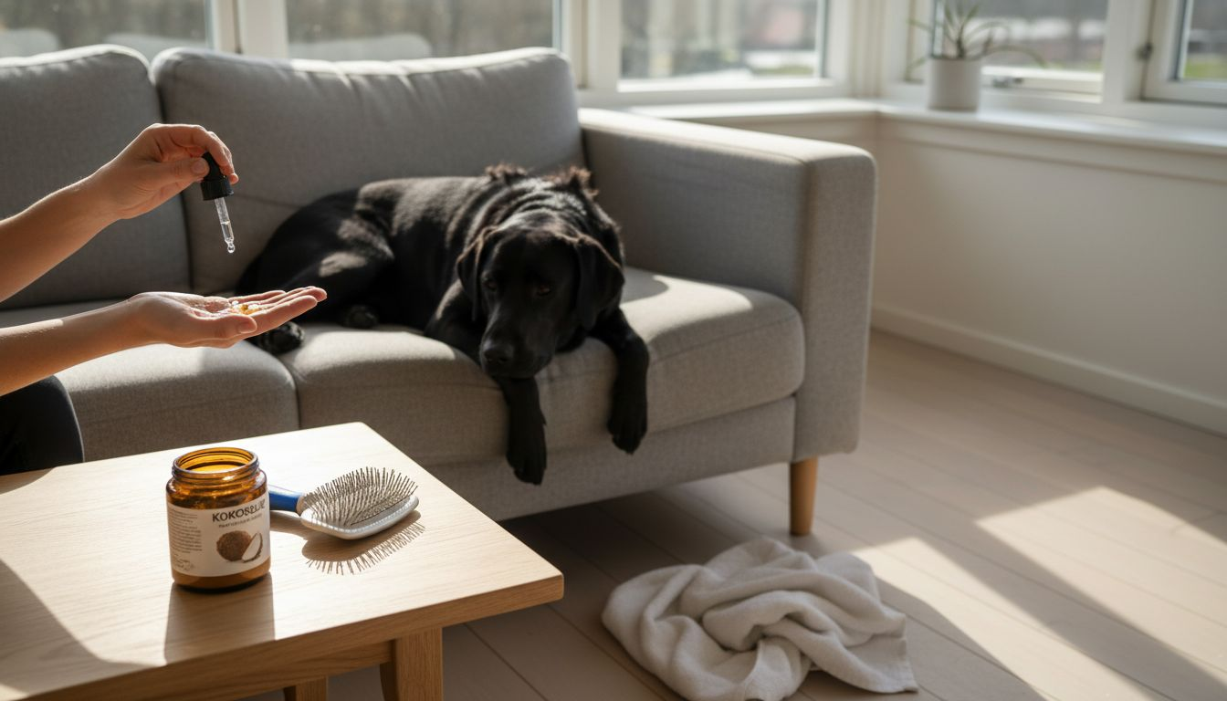 Ejeren smører olie på labradorens pels.