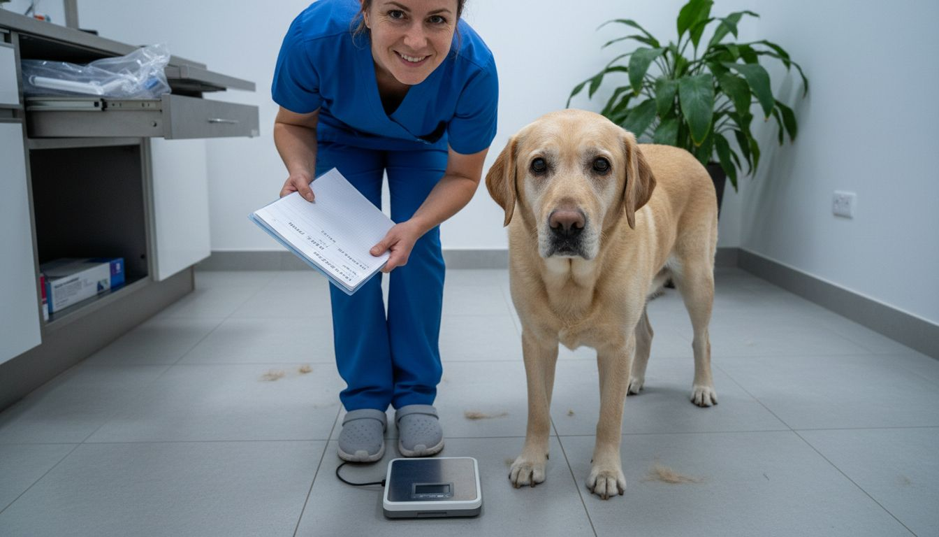 En eldre hund blir veid hos veterinæren