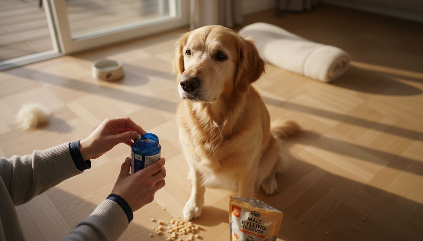 En nysgjerrig golden retriever lukter på forskjellige kosttilskudd