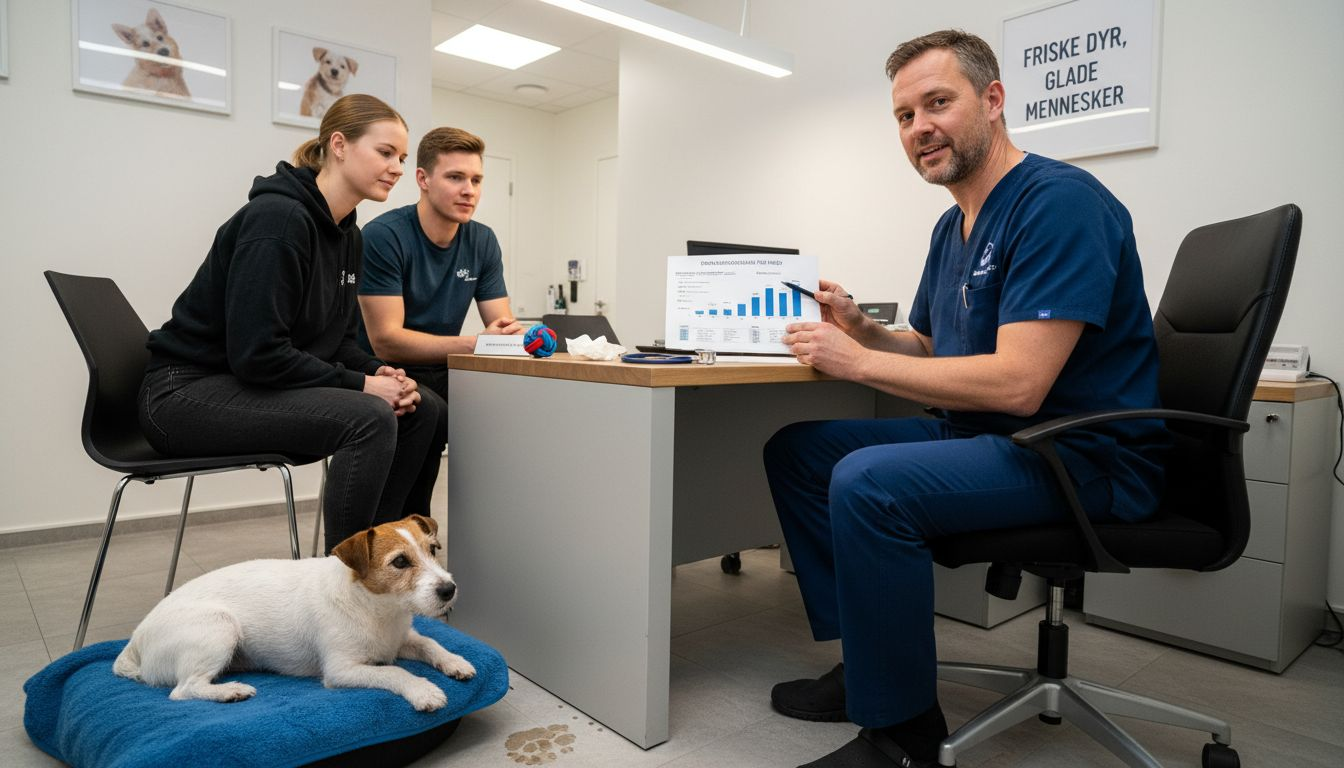 Veterinæren gir hundeeiere råd om hva slags kosthold som passer best for hunden deres.