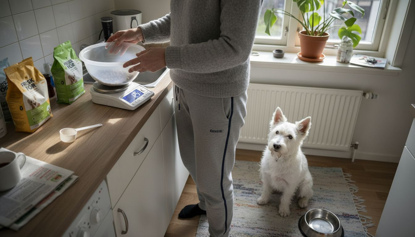 Hunden får porsjonert opp maten sin på kjøkkenet