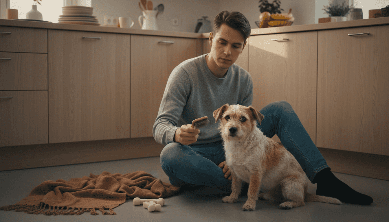 En mand viser en børste frem for sin lille hund