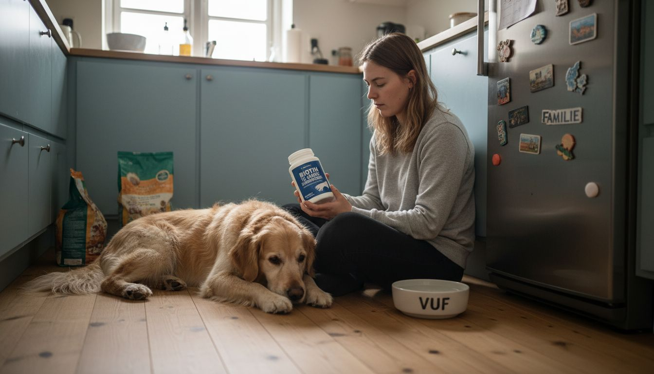 Hundeejeren tjekker indholdet i tilskuddet for at sikre sig, hvad hunden får