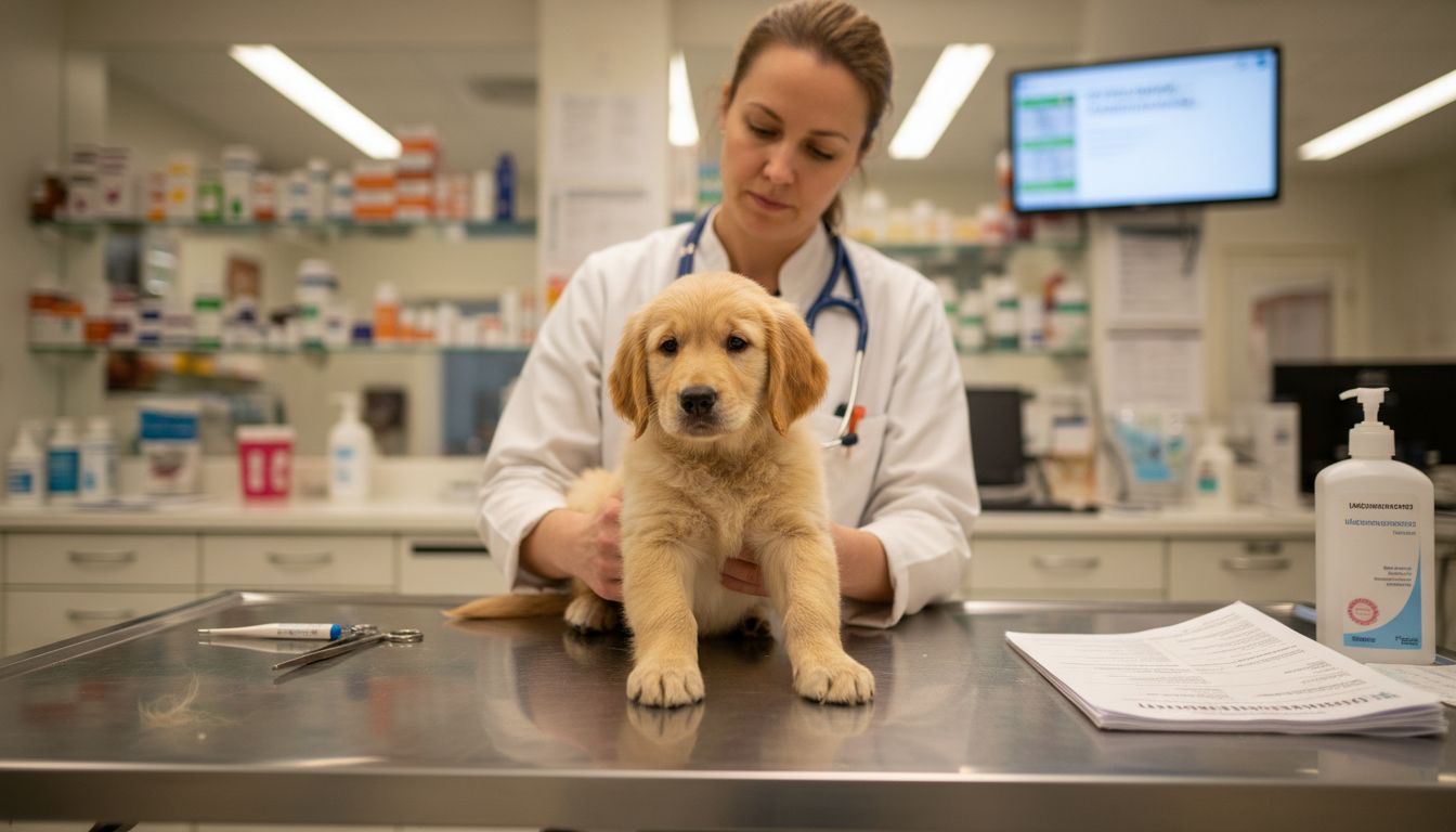 Valp som blir undersøkt rolig og forsiktig hos veterinæren