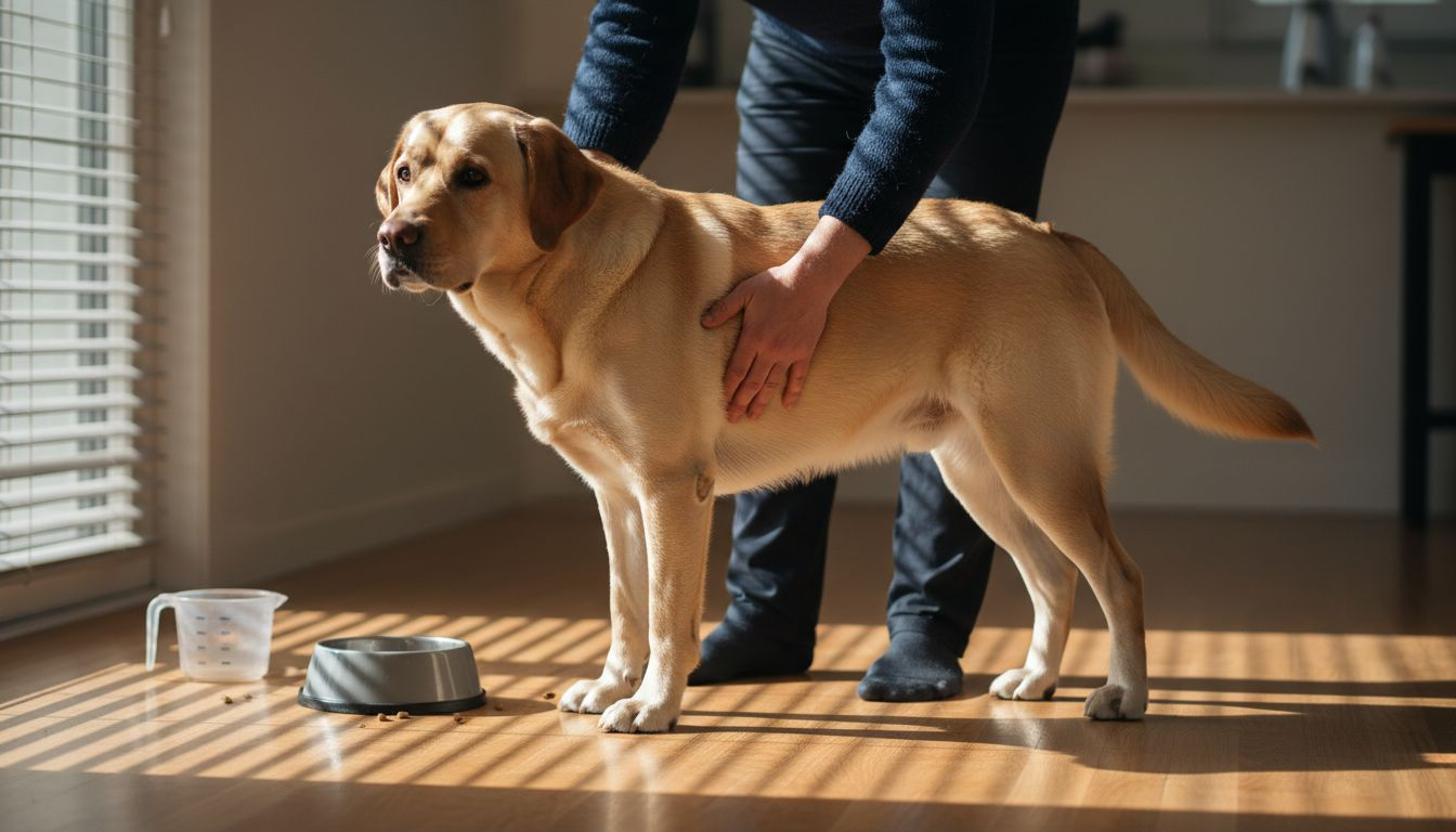 Ejeren mærker efter på hundens ribben for at tjekke, om den får den rette mængde foder.