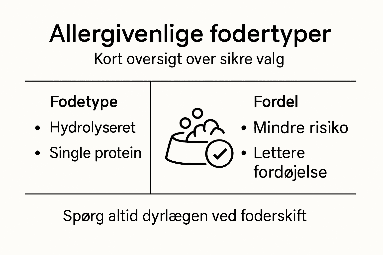 Grafisk oversigt over forskellige typer af hundefoder, der er velegnet til allergiske hunde