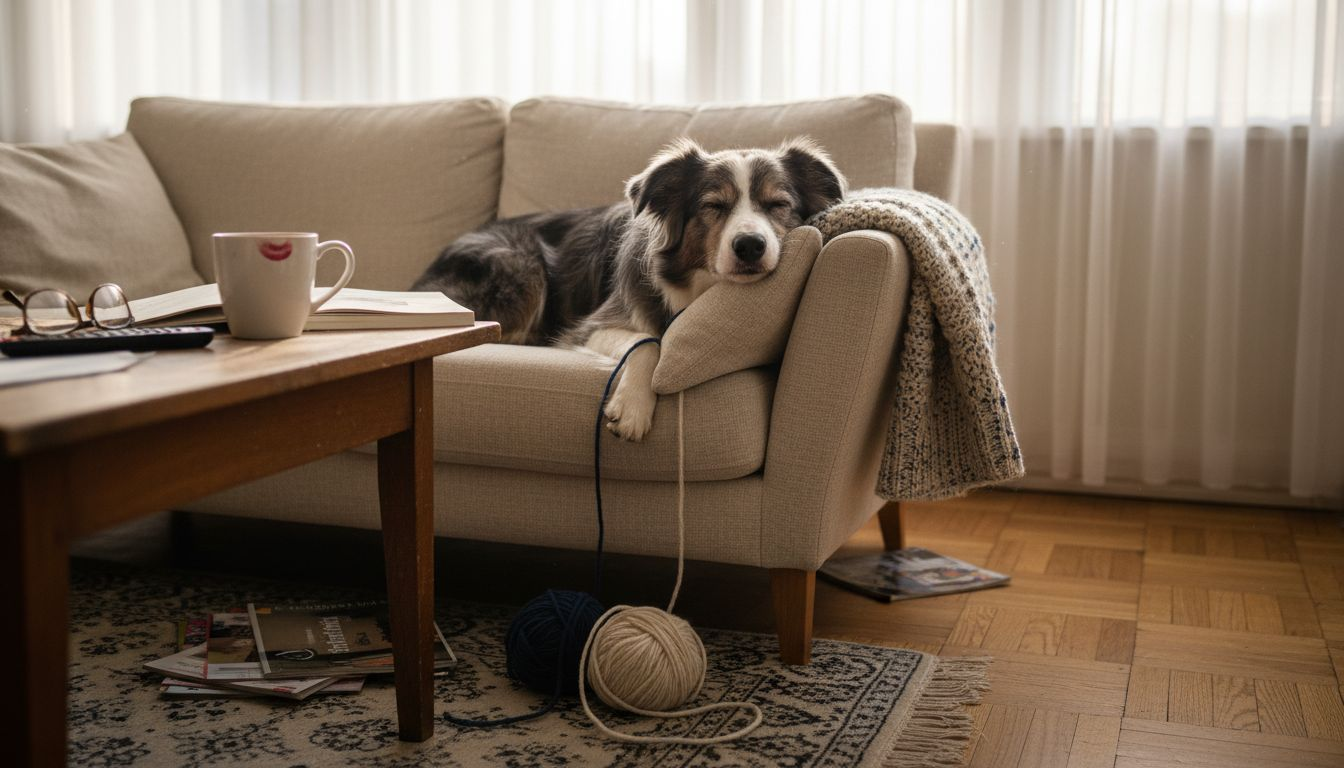 En avslappet border collie som koser seg hjemme