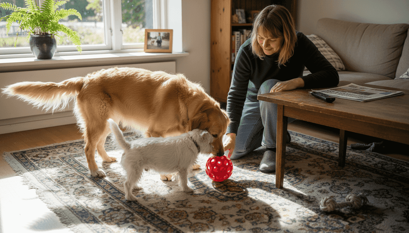 Hunde, der løser godbids-puslespil sammen med deres ejer derhjemme