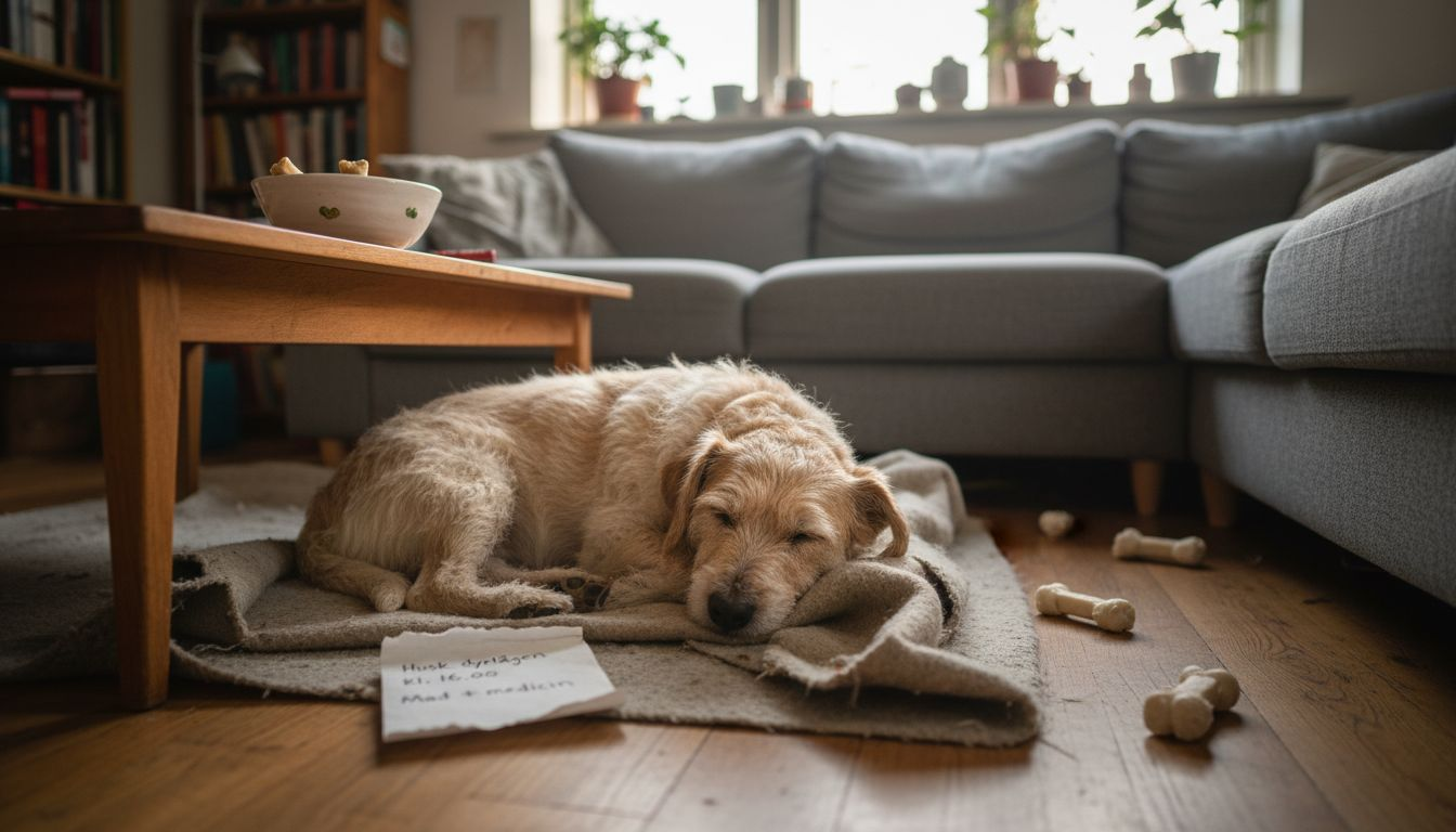 En lille hund med allergi ligger og slapper af på stuegulvet.