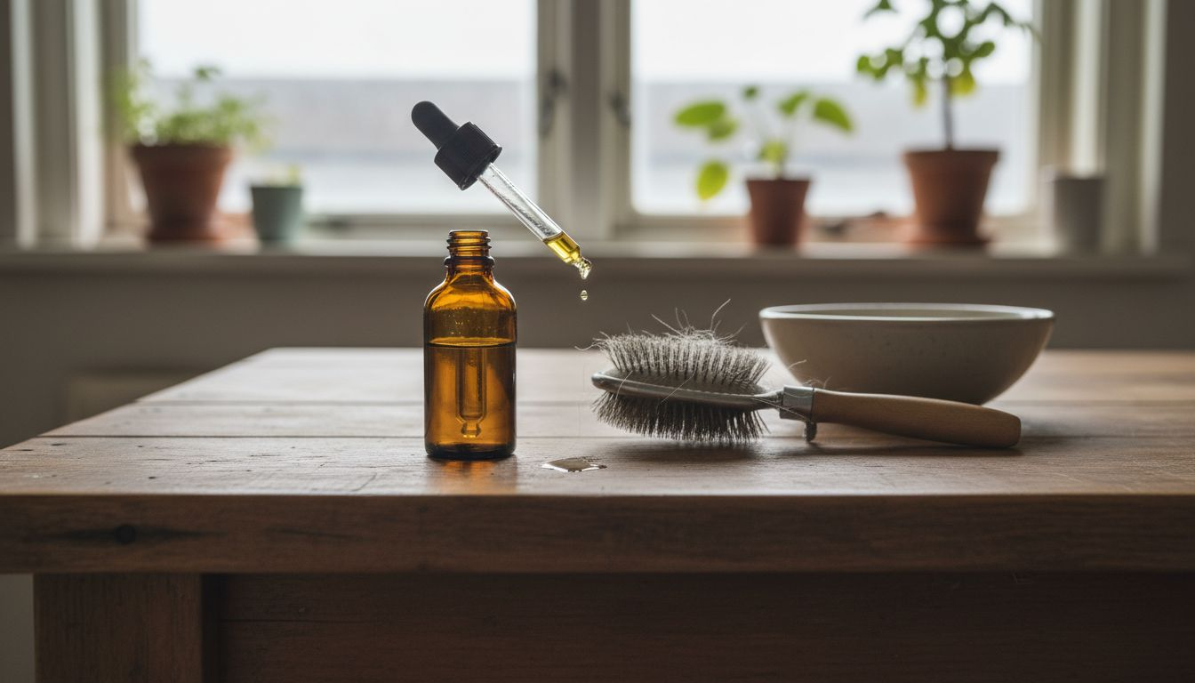 En flaske minkolie og en børste ligger på køkkenbordet.