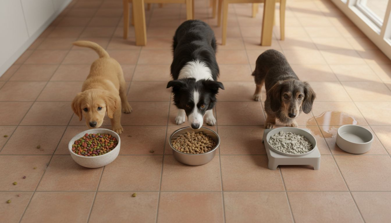 Tre hunder står ved hver sin matskål, tilpasset deres alder.