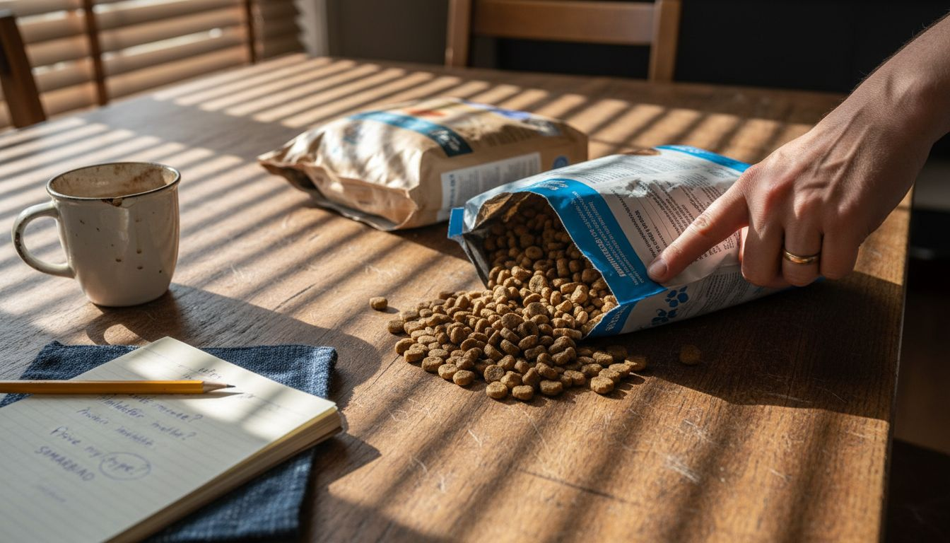 En hånd peker på ingrediensene i hundematen, sett på nært hold.