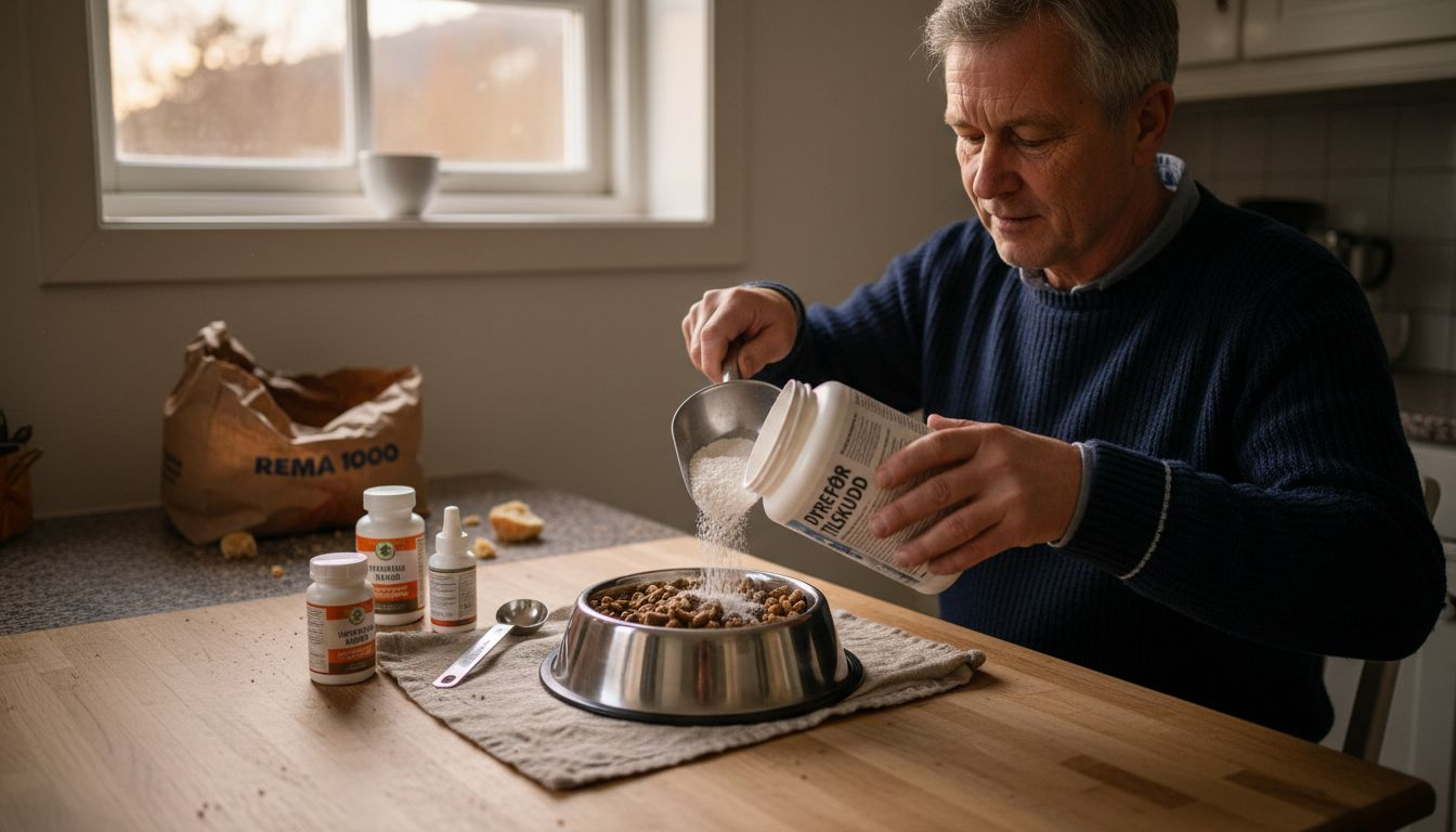 Strø tilskuddspulver over hundematen i matskåla