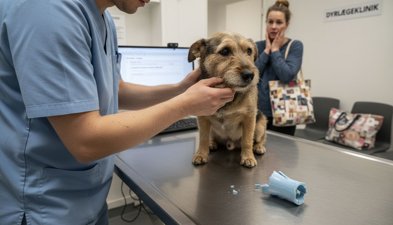 Dyrlægen undersøger hunden efter den har fået en skade fra legetøjet.