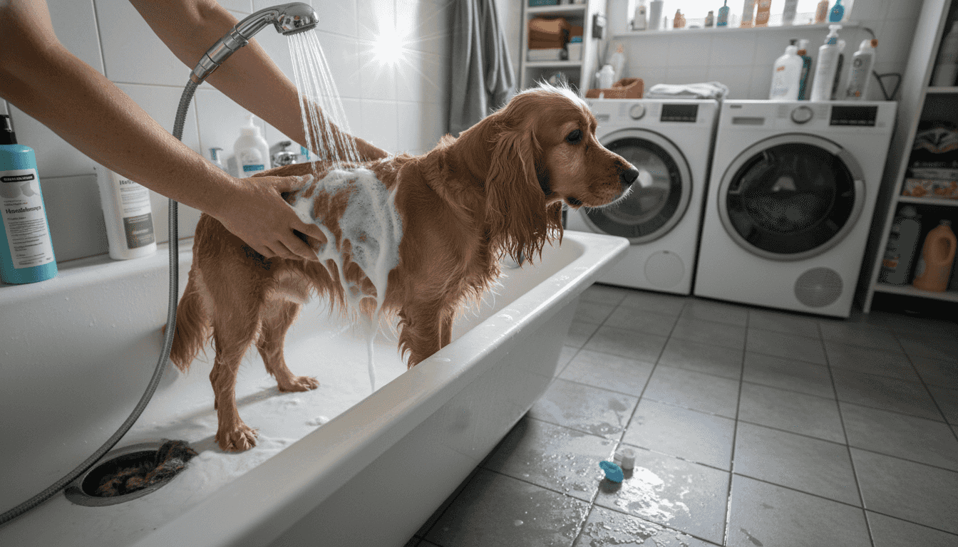 Ejeren sørger for at skylle hundens pels helt igennem, så al shampooen bliver vasket ud.