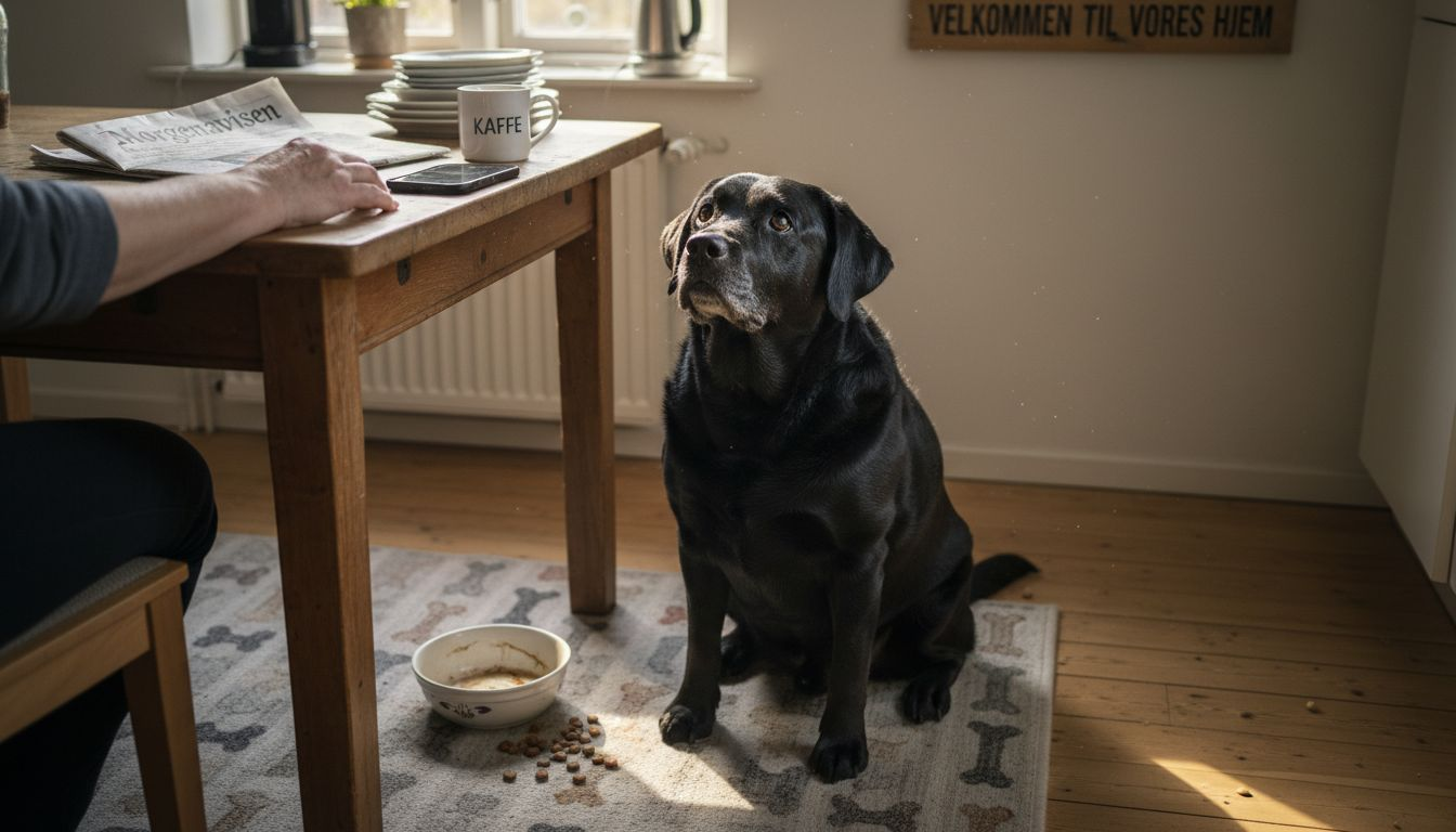 En lidt for rund, ældre hund sidder ved sin madskål
