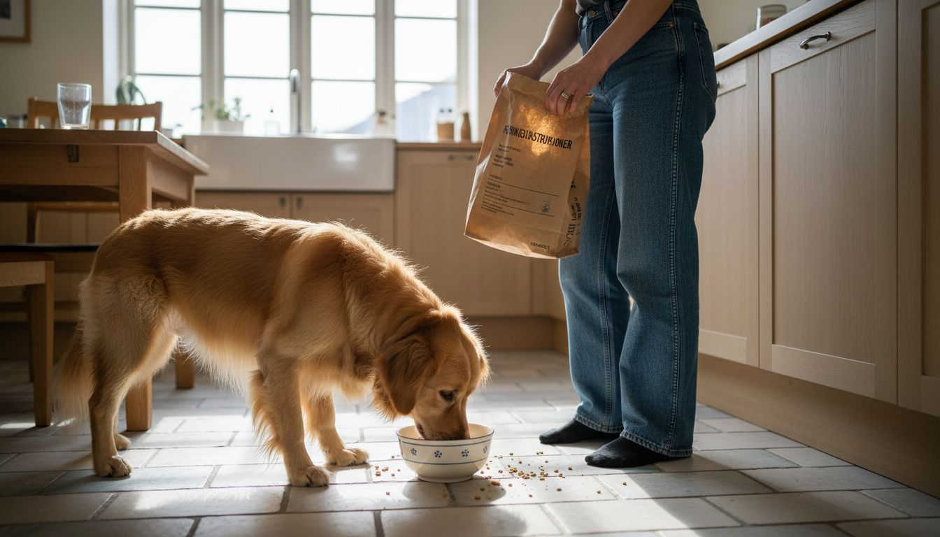 En hund som koser seg med sunn mat på kjøkkenet sammen med eieren sin.