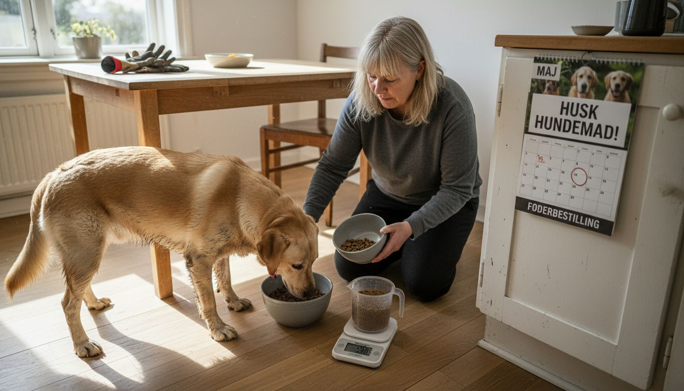 Hunden får nøje afmålte måltider serveret i køkkenet.