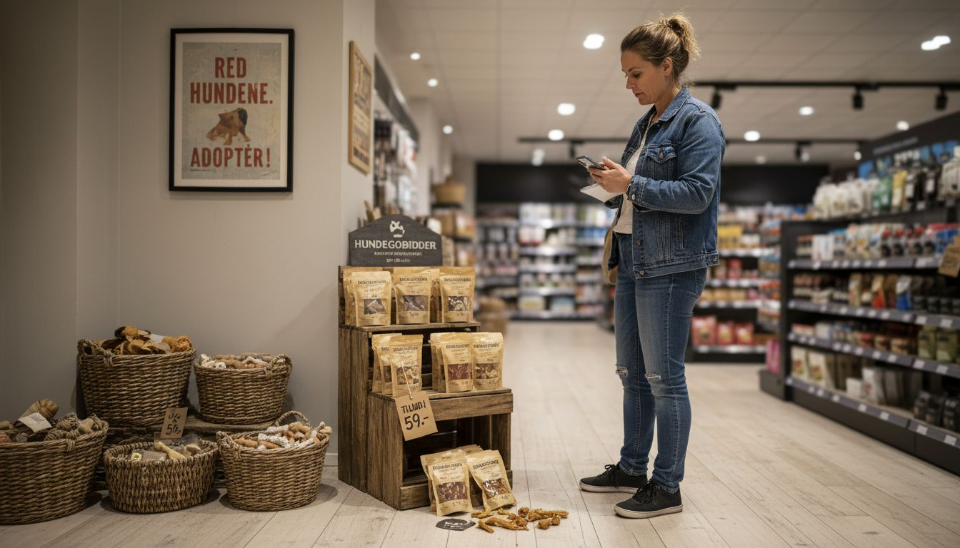 Kunde kigger på miljøvenlige hundegodbidder i butikken