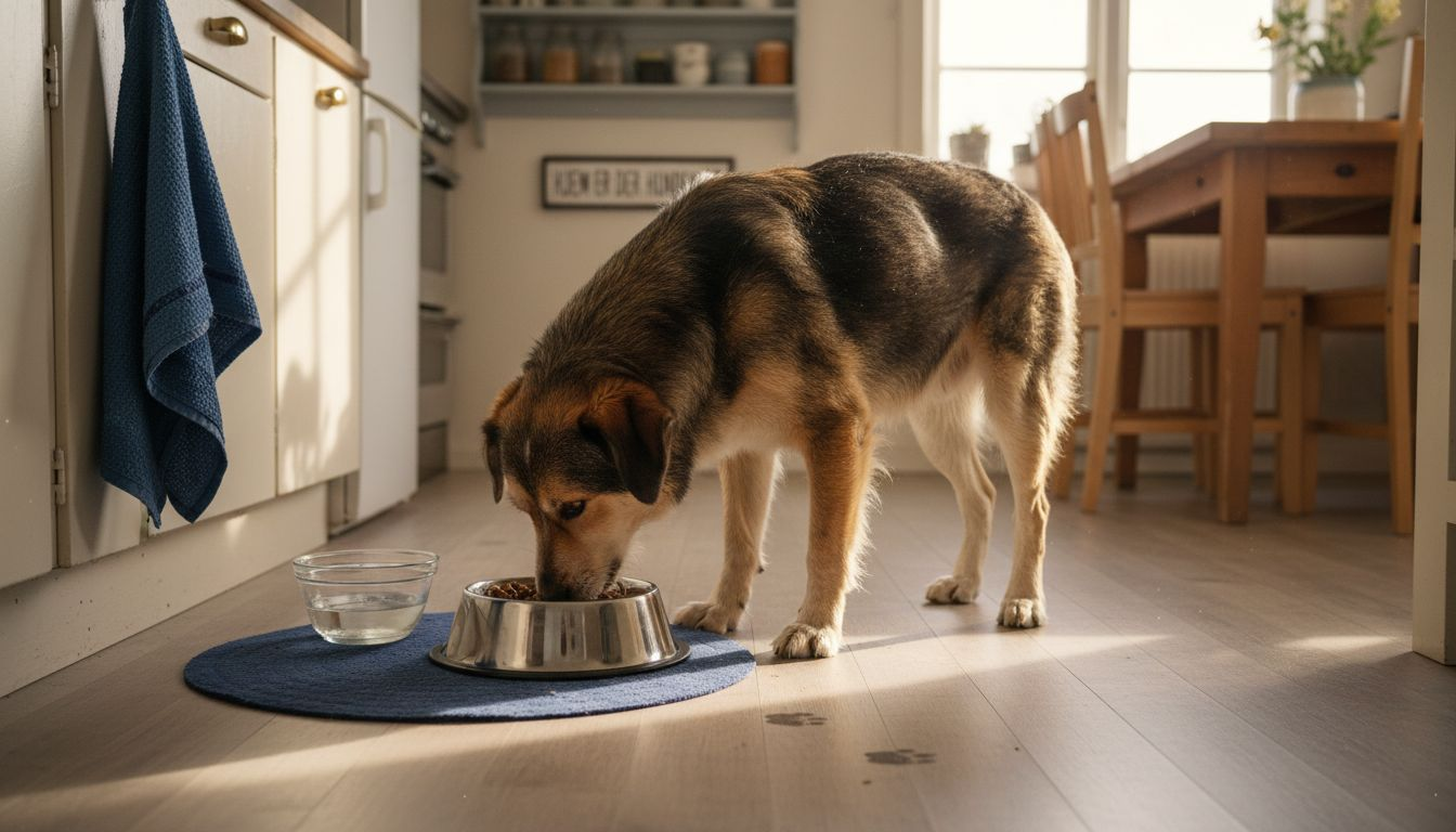 En hund koser seg med et sunt og næringsrikt måltid hjemme på kjøkkenet.