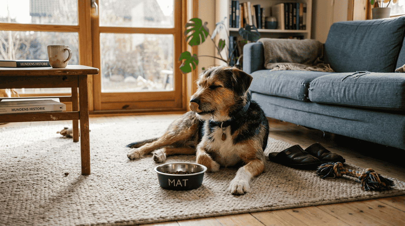En fornøyd hund slapper av etter å ha fått kornfri mat.