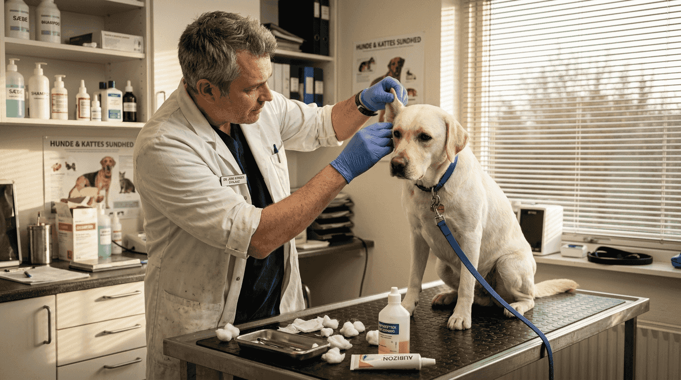 Dyrlægen undersøger hundens hud for tegn på mangeltilstande.