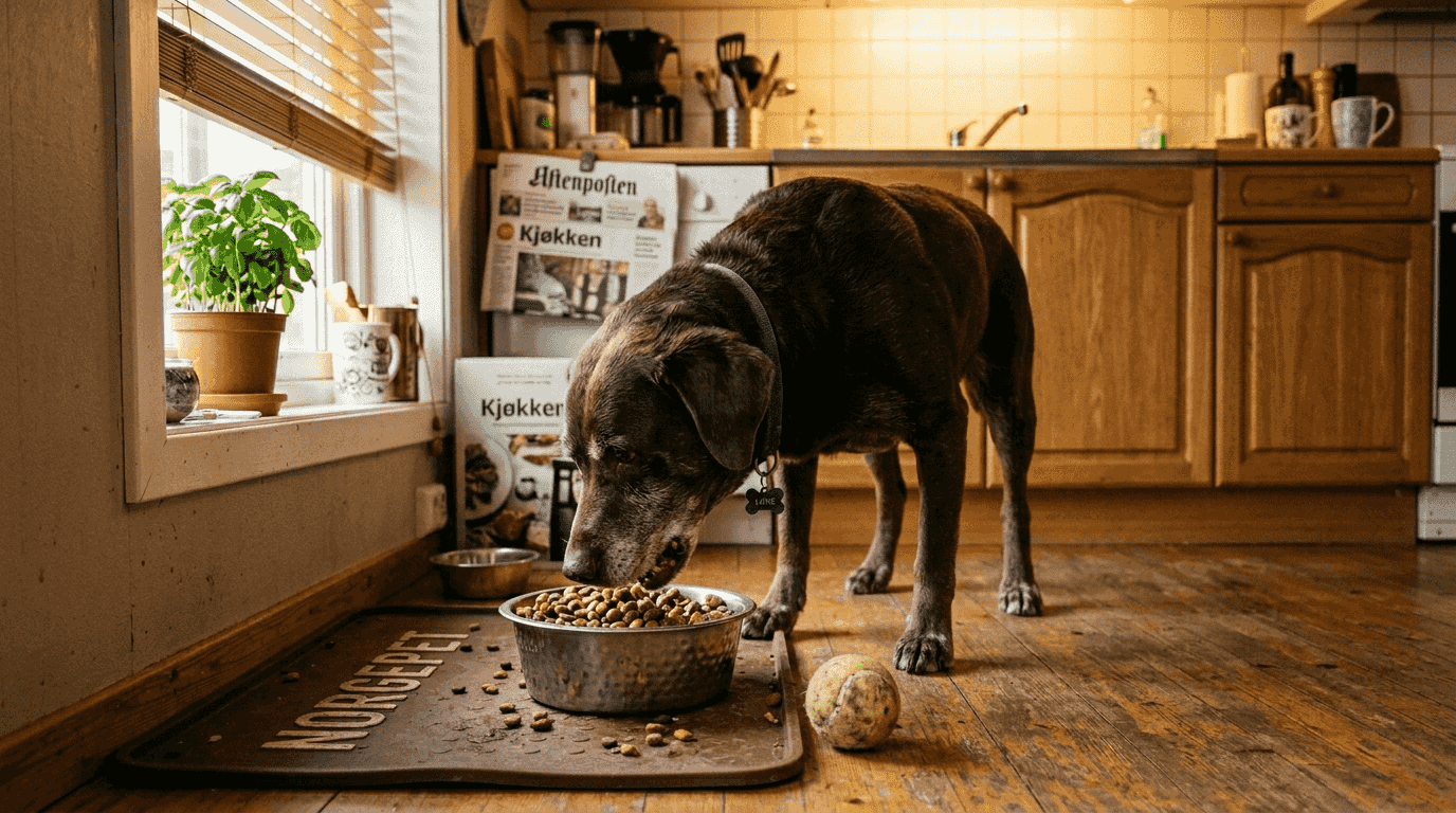 Hunden koser seg med spesialfôr med hydrolysert protein på kjøkkenet.