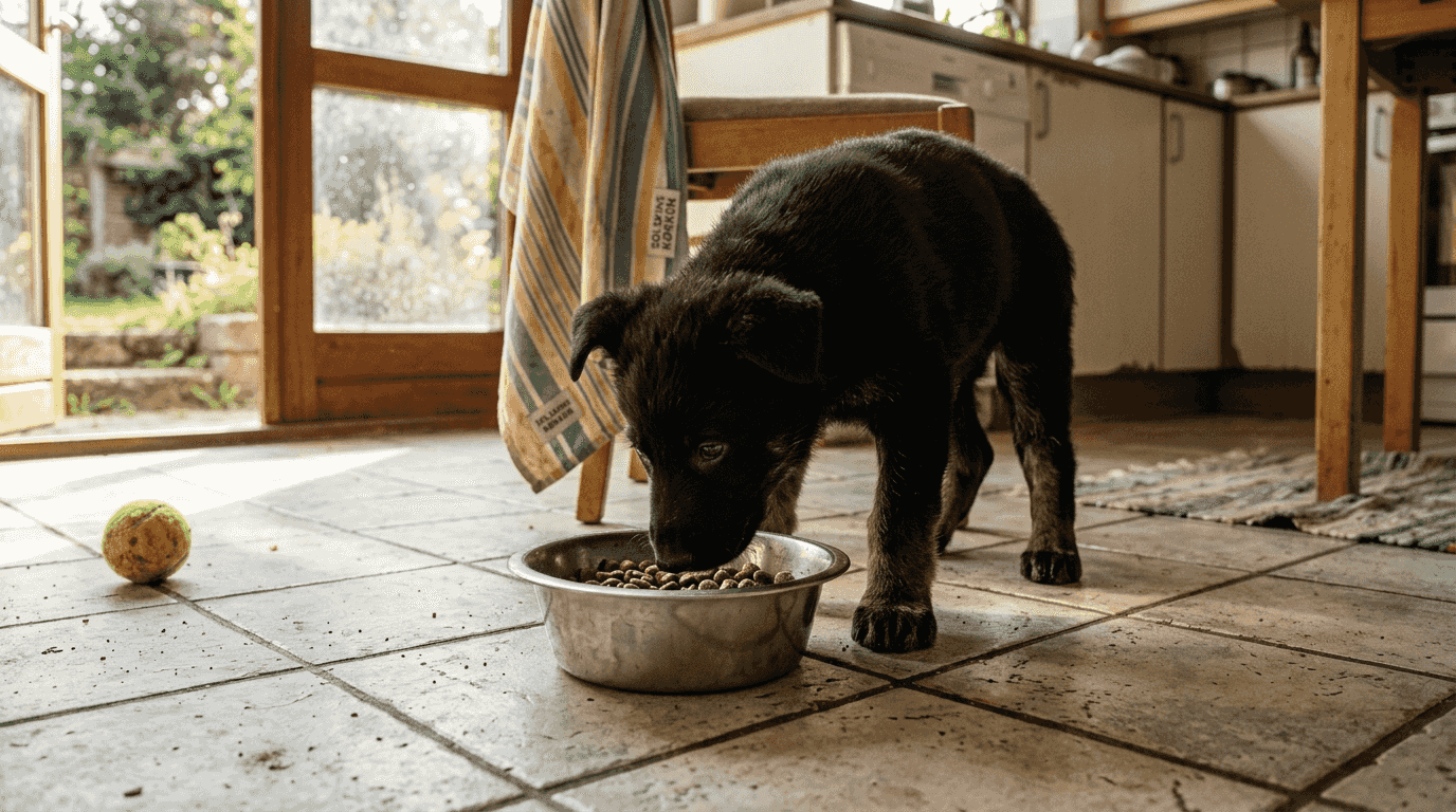 Den lille hvalp kaster sig over maden i skålen med stor appetit.