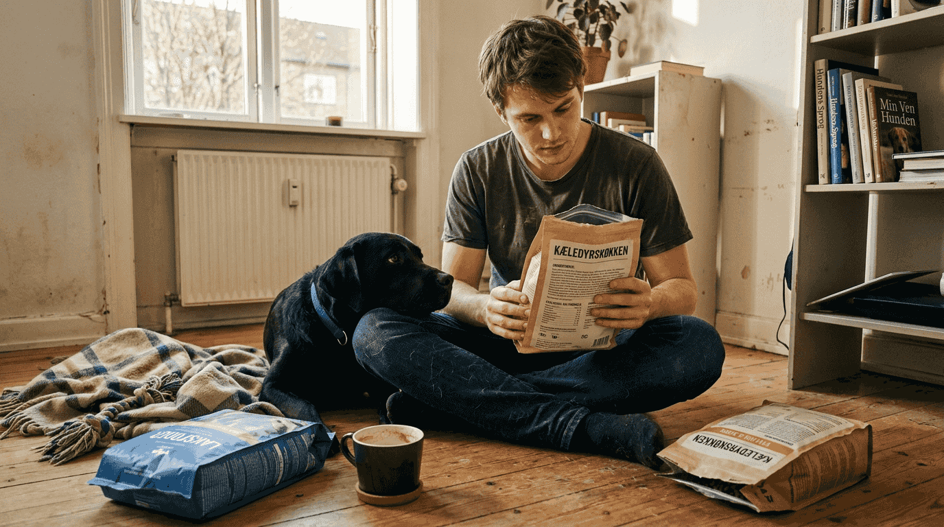 Mand gennemgår indholdet på posen med hundemad