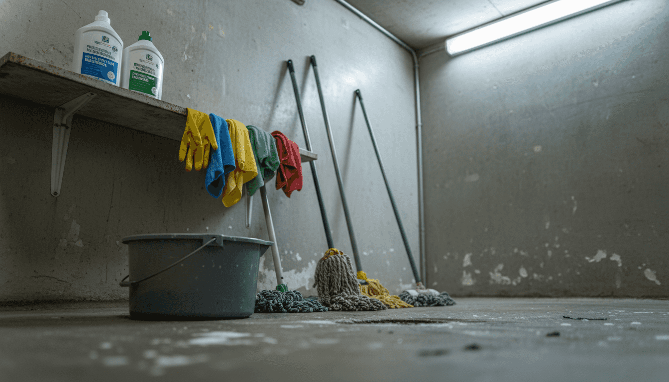 Rengøringsudstyr, hvor mopper og klude er lagt pænt ovenpå hinanden