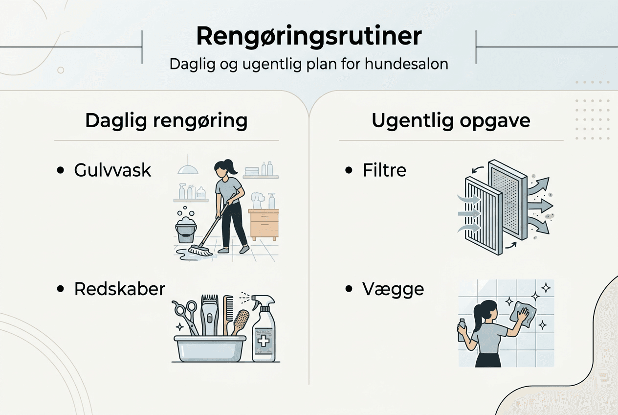 Grafisk oversigt over rengøringsprocedurer til hundesalonen