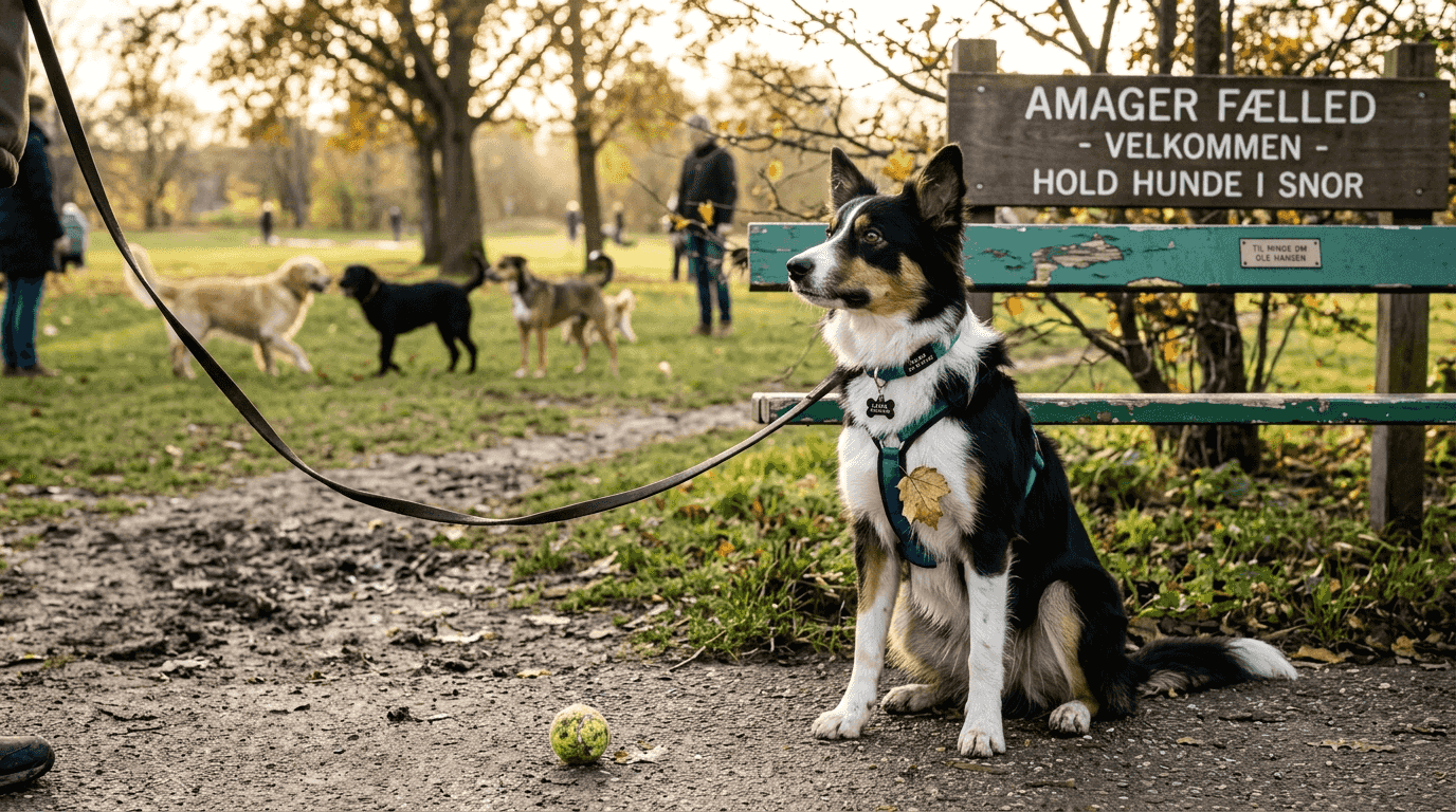 En forventningsfuld border collie venter ved indgangen til den travle park.