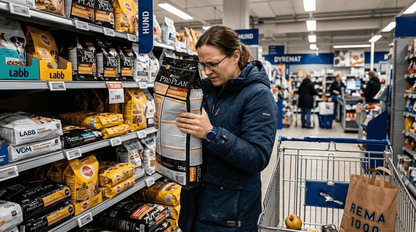 En kvinne står og studerer innholdsfortegnelsen på hundematpakken nøye.