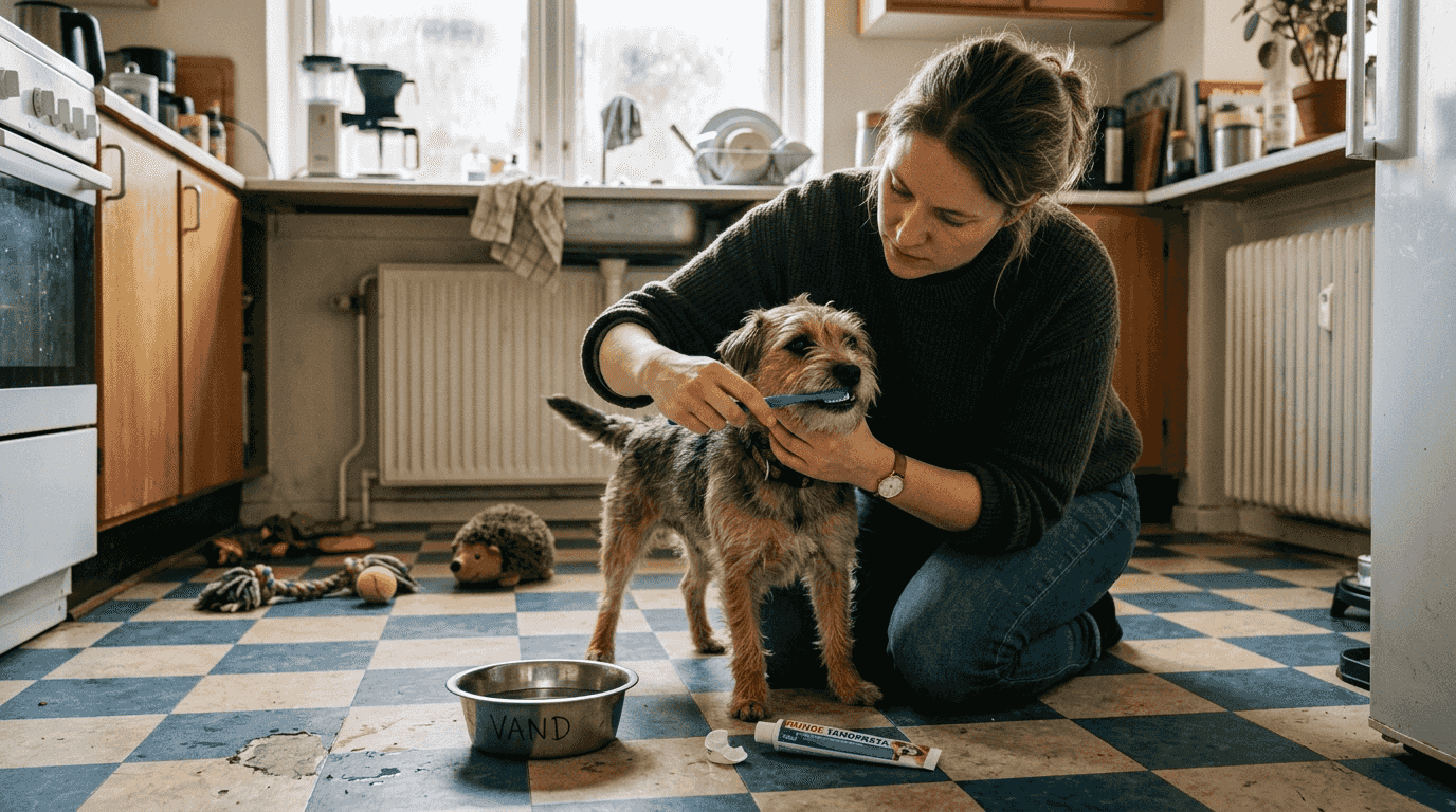 En hundeejer børster tænder på sin lille hund