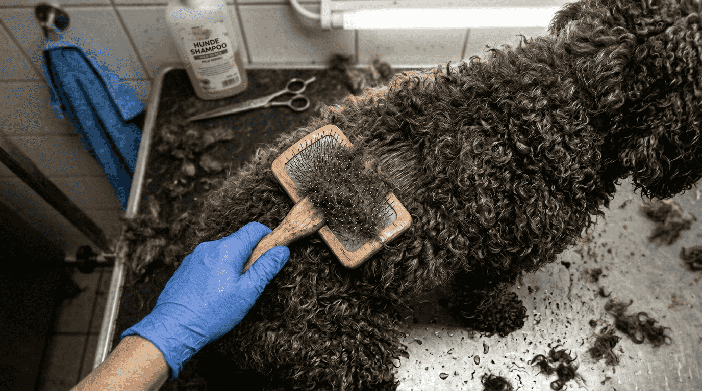 En slicker-børste fjerner effektivt løse hår fra en krøllet pels.