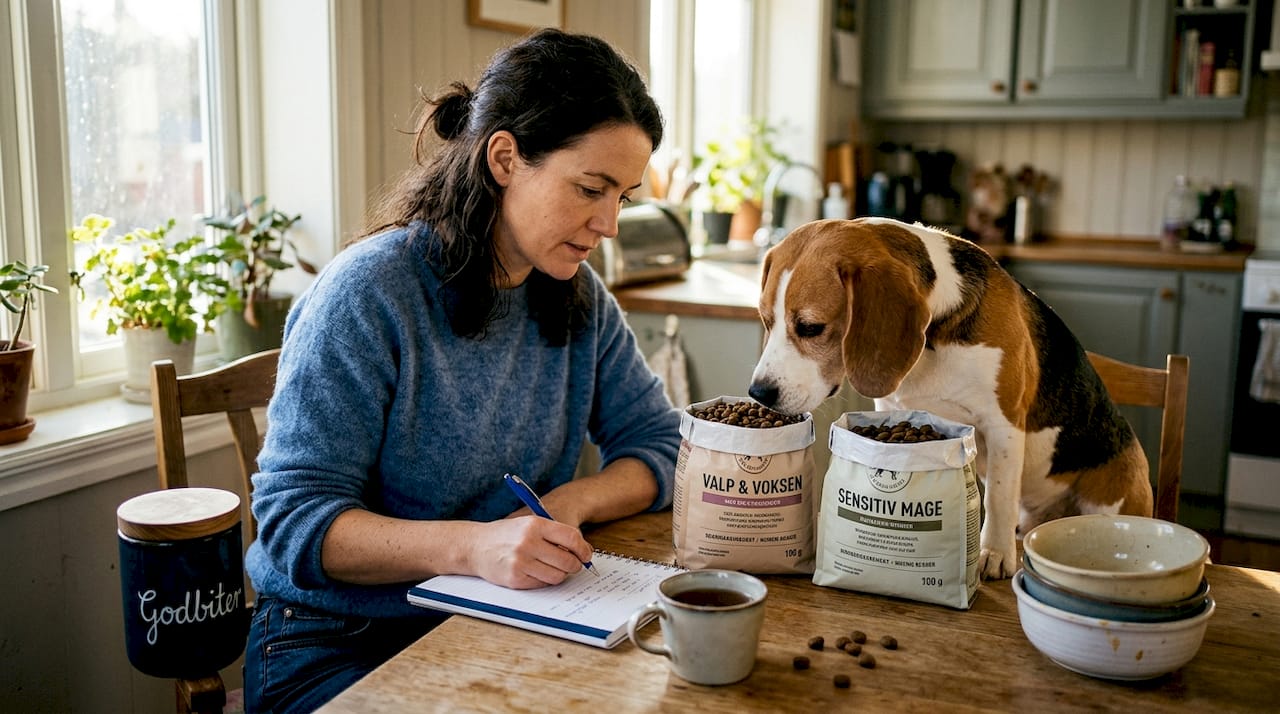 Veterinæren vurderer ulike typer kommersiell hundemat