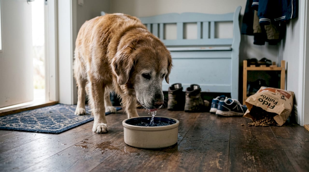 Hunden står og slurper vann fra skålen ute i gangen.