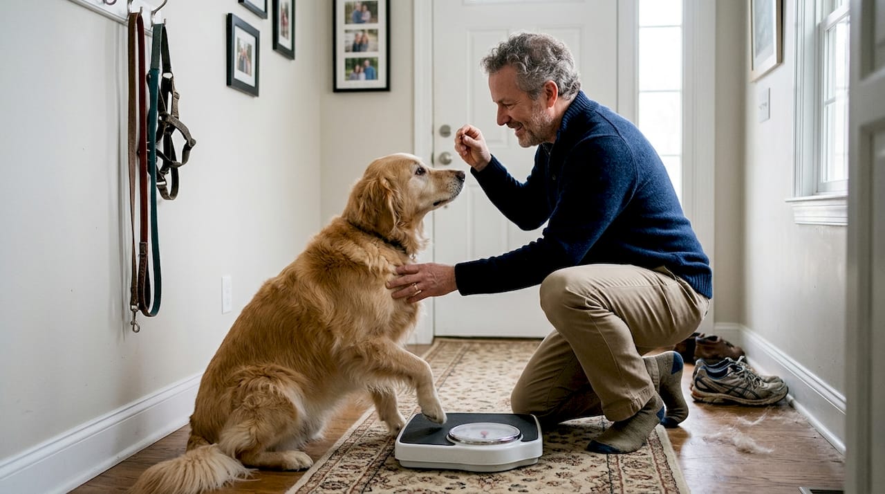 Eier veier hunden sin på baderomsvekten hjemme